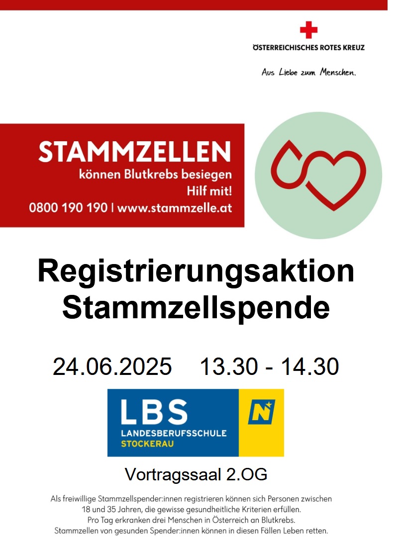 Aufruf zur Stammzellenspende am 24. Juni 2025 an der LBS Stockerau