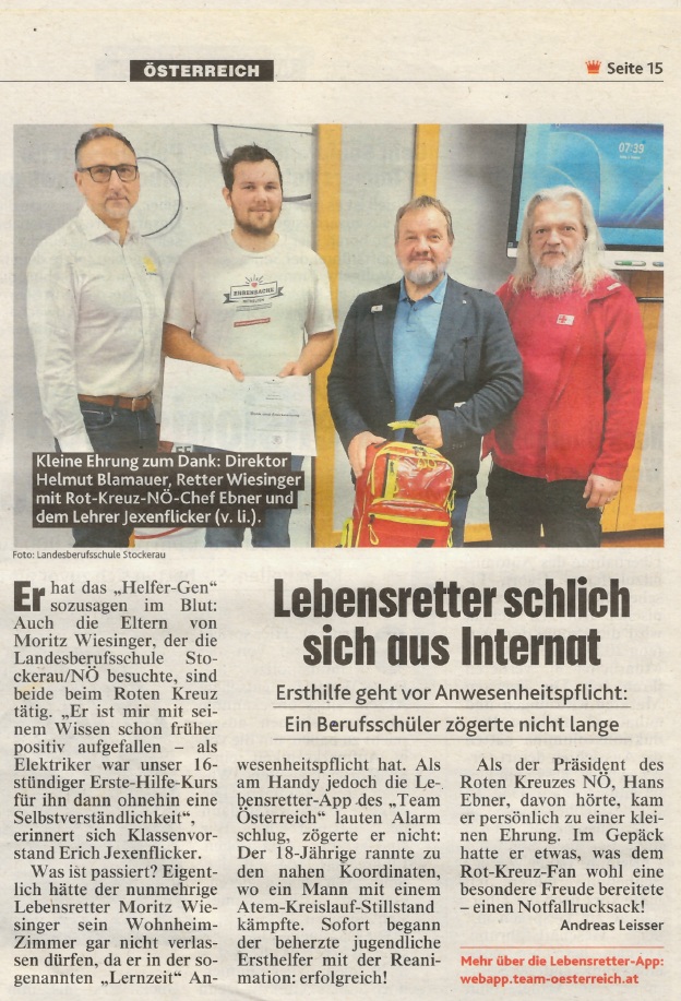 Bericht der Kronen Zeitung vom 23.04.2026 - Lebensretter schlich sich aus Internat